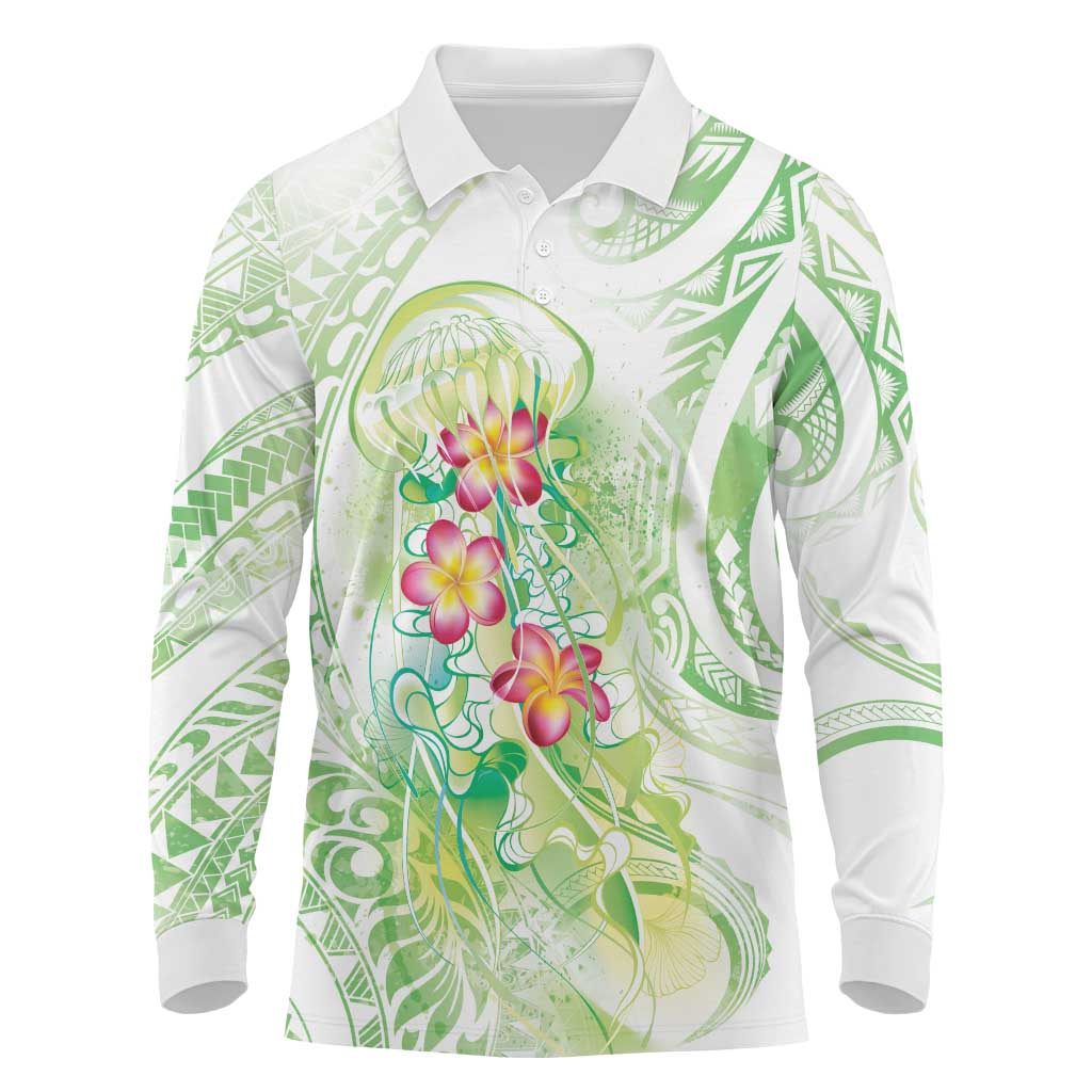 Summer Green Polynesian Jellyfish Long Sleeve Polo Shirt Watercolor Glows - Polynesian Pride