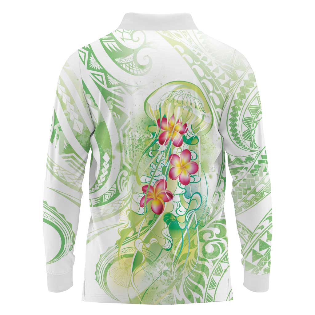 Summer Green Polynesian Jellyfish Long Sleeve Polo Shirt Watercolor Glows - Polynesian Pride
