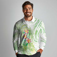 Summer Green Polynesian Jellyfish Long Sleeve Polo Shirt Watercolor Glows - Polynesian Pride