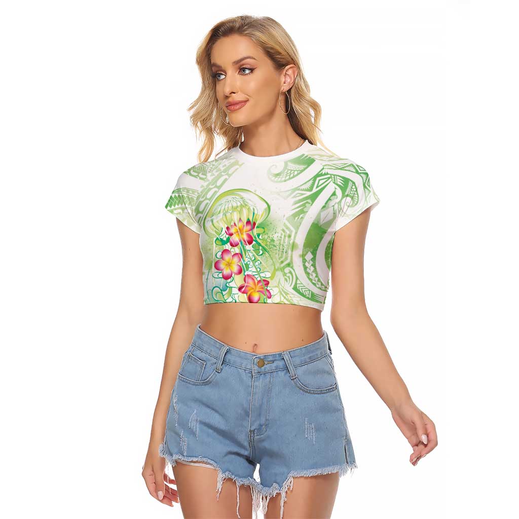 Summer Green Polynesian Jellyfish Raglan Cropped T Shirt Watercolor Glows - Polynesian Pride