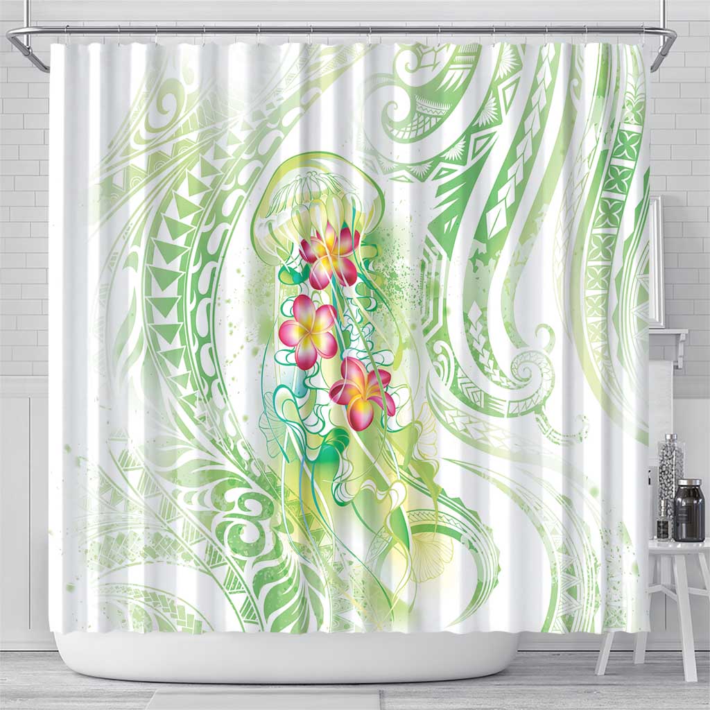 Summer Green Polynesian Jellyfish Shower Curtain Watercolor Glows - Polynesian Pride
