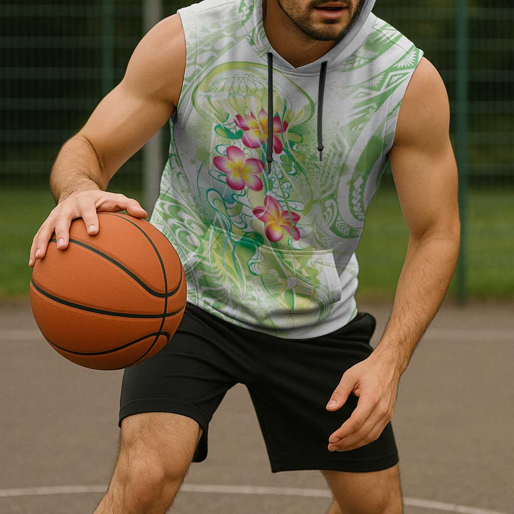 Summer Green Polynesian Jellyfish Sleeveless Hoodie Watercolor Glows - Polynesian Pride