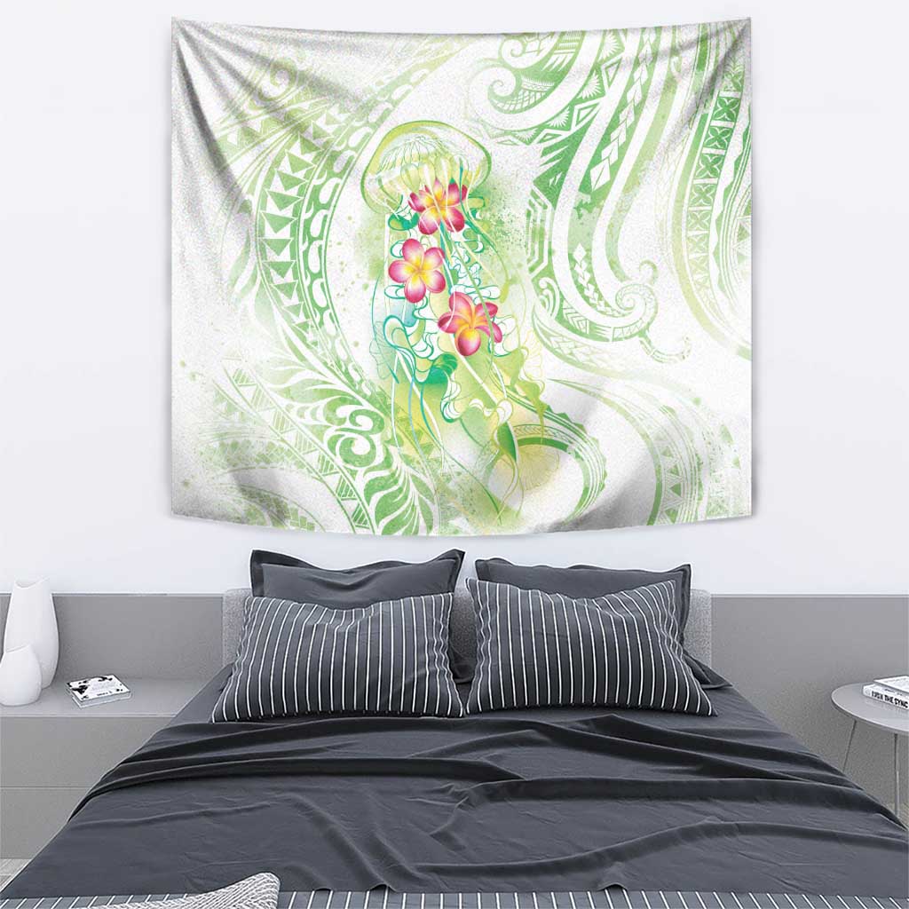 Summer Green Polynesian Jellyfish Tapestry Watercolor Glows - Polynesian Pride
