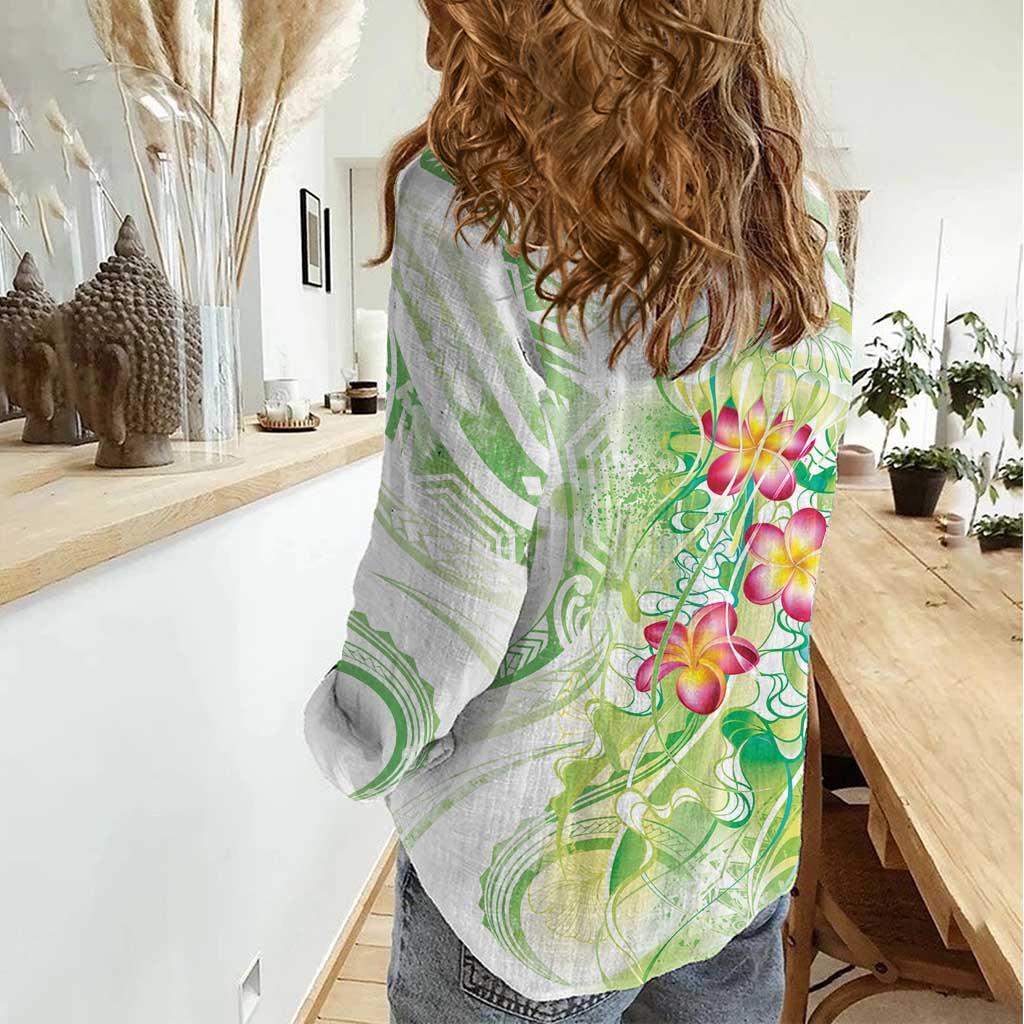 Summer Green Polynesian Jellyfish Women Casual Shirt Watercolor Glows - Polynesian Pride