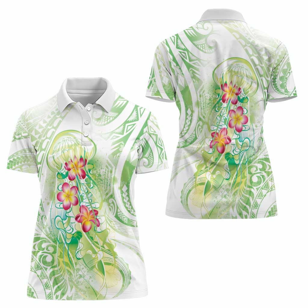 Summer Green Polynesian Jellyfish Women Polo Shirt Watercolor Glows - Polynesian Pride