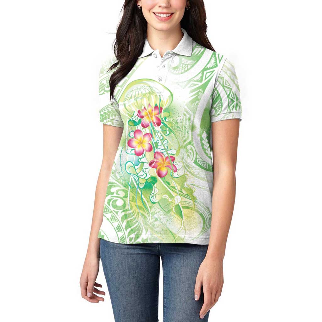 Summer Green Polynesian Jellyfish Women Polo Shirt Watercolor Glows - Polynesian Pride