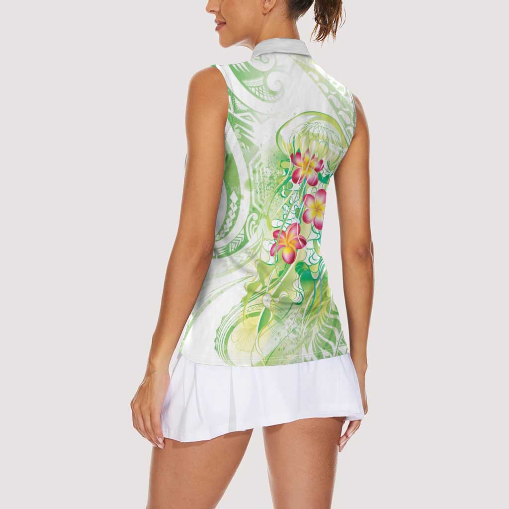 Summer Green Polynesian Jellyfish Women Sleeveless Polo Shirt Watercolor Glows - Polynesian Pride