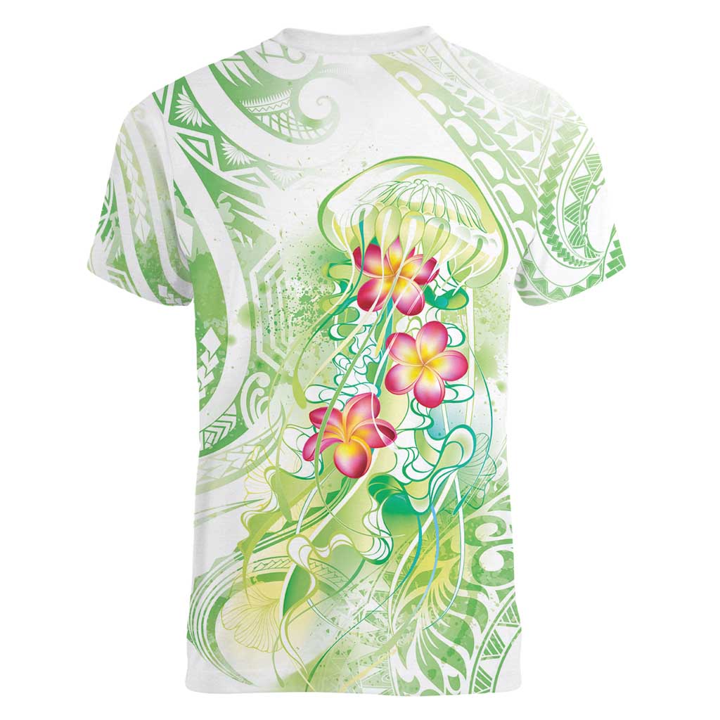 Summer Green Polynesian Jellyfish Women V-Neck T-Shirt Watercolor Glows - Polynesian Pride