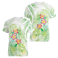Summer Green Polynesian Jellyfish Women V-Neck T-Shirt Watercolor Glows - Polynesian Pride