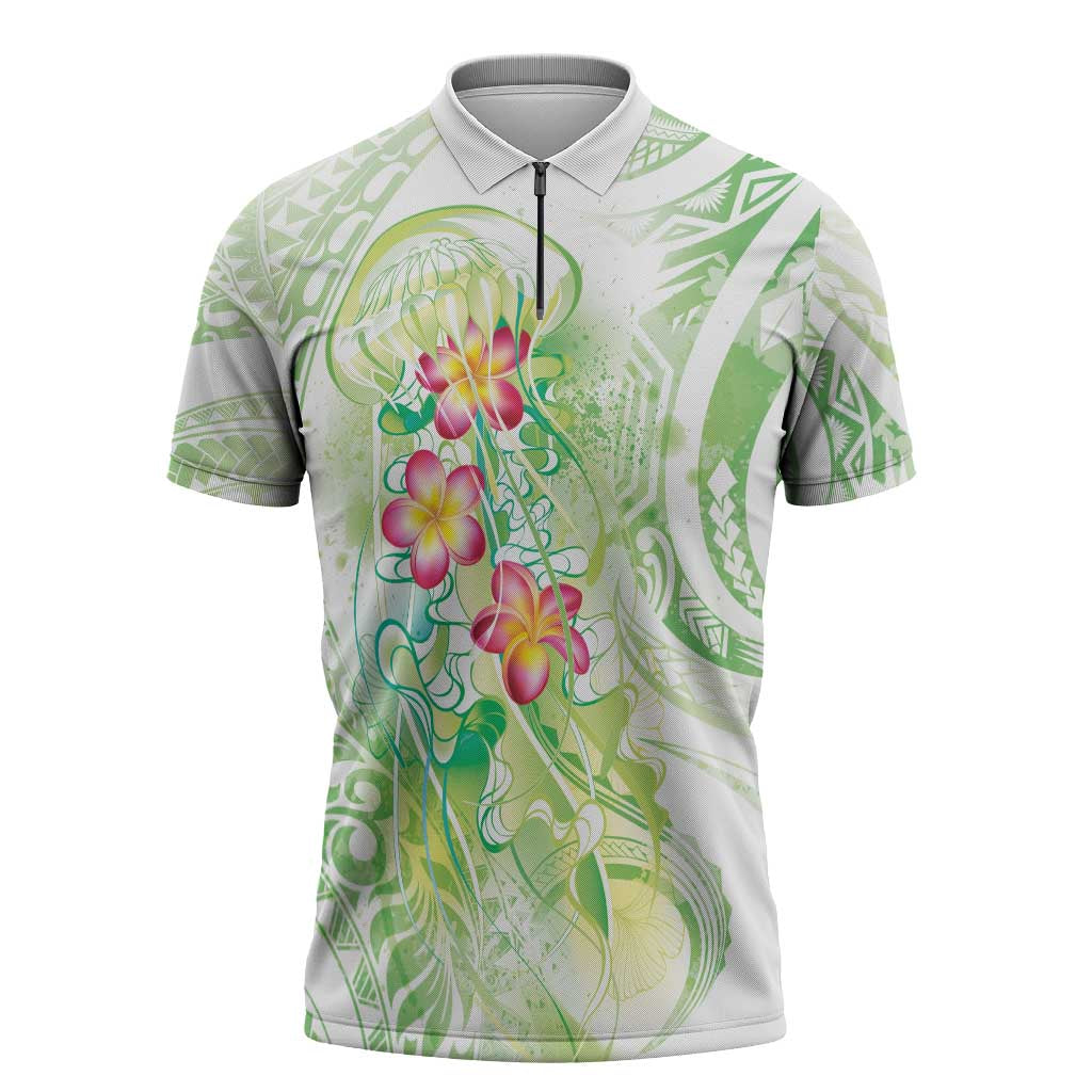 Summer Green Polynesian Jellyfish Zipper Polo Shirt Watercolor Glows - Polynesian Pride