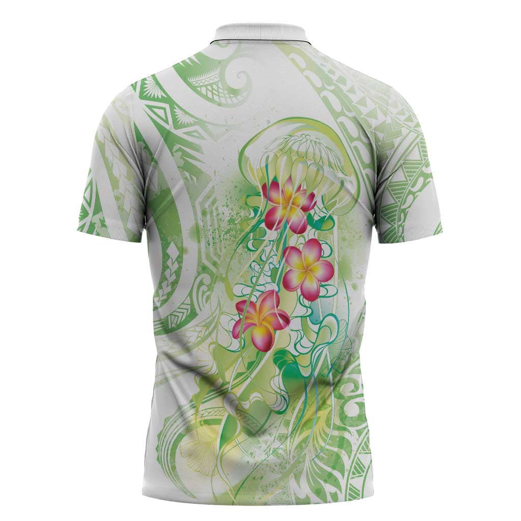 Summer Green Polynesian Jellyfish Zipper Polo Shirt Watercolor Glows - Polynesian Pride