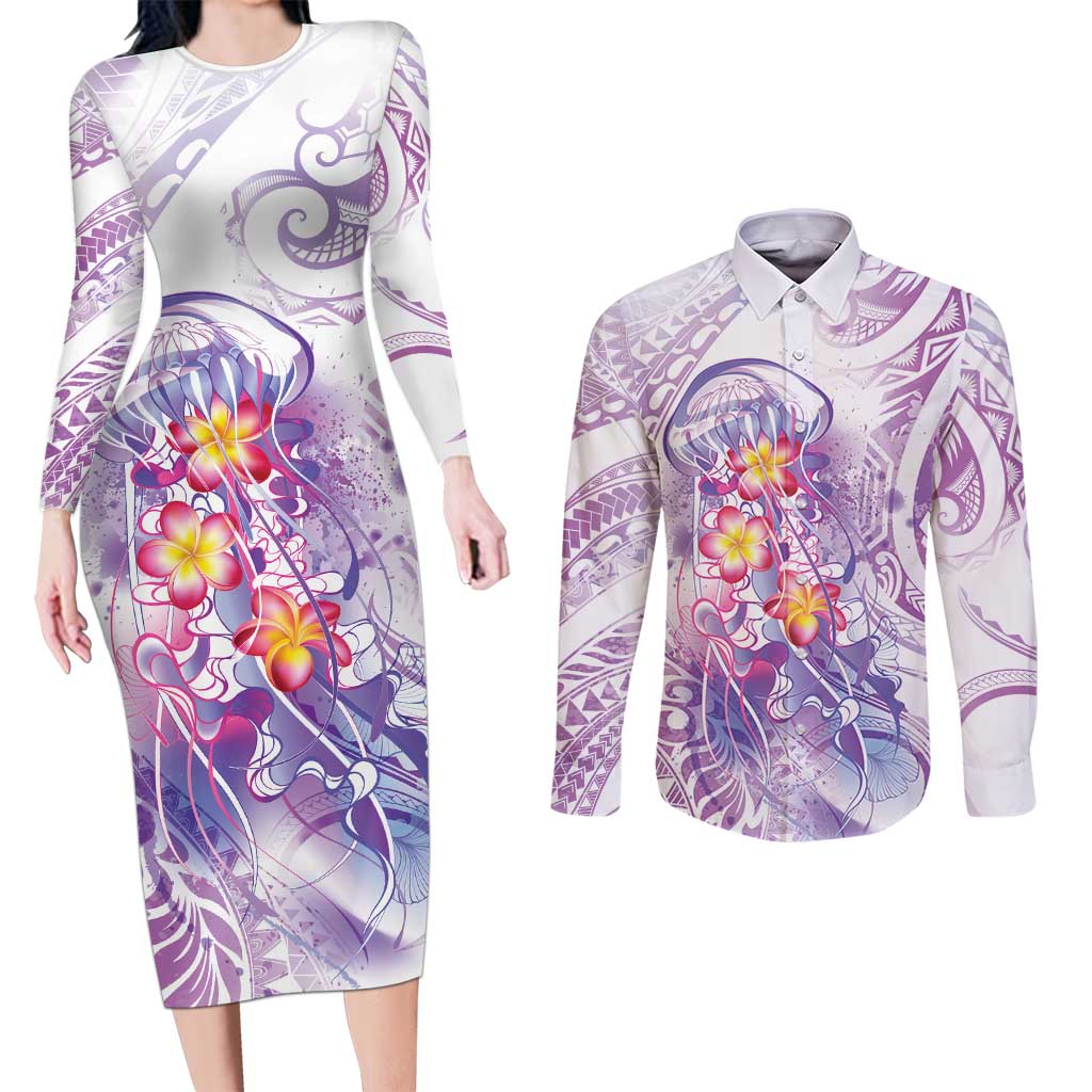 Lavender Polynesian Jellyfish Couples Matching Long Sleeve Bodycon Dress and Long Sleeve Button Shirt Watercolor Glows - Polynesian Pride