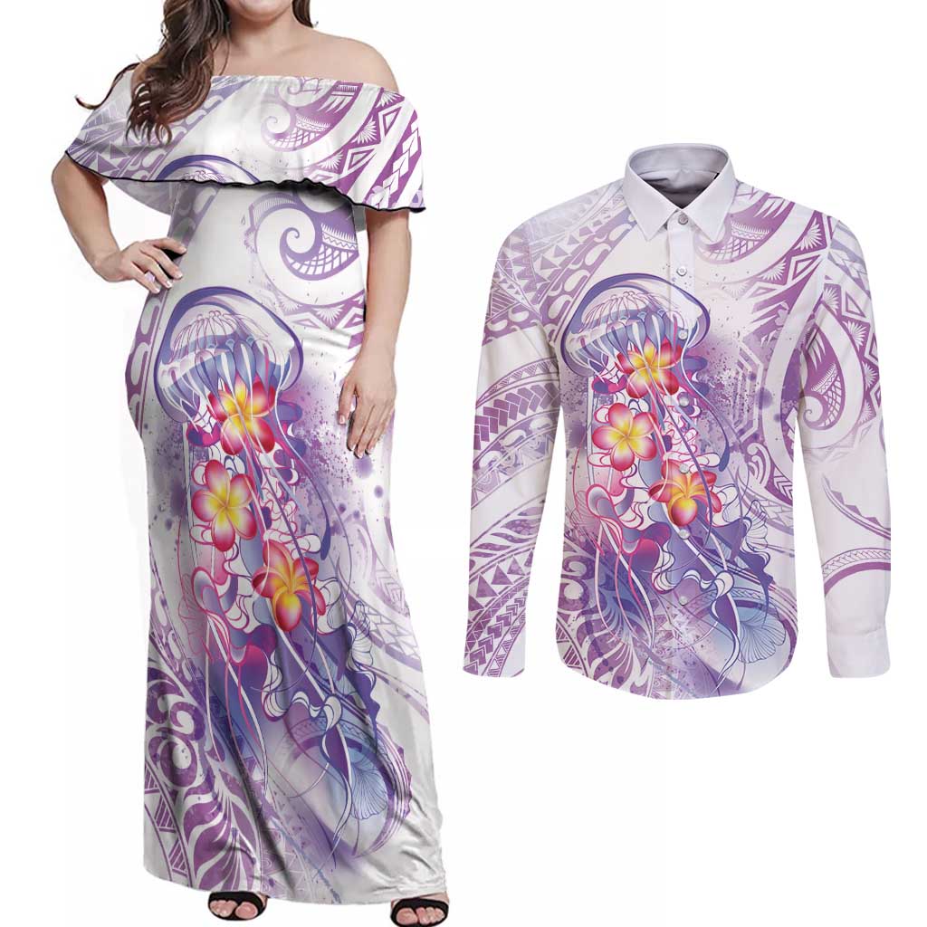 Lavender Polynesian Jellyfish Couples Matching Off Shoulder Maxi Dress and Long Sleeve Button Shirt Watercolor Glows - Polynesian Pride