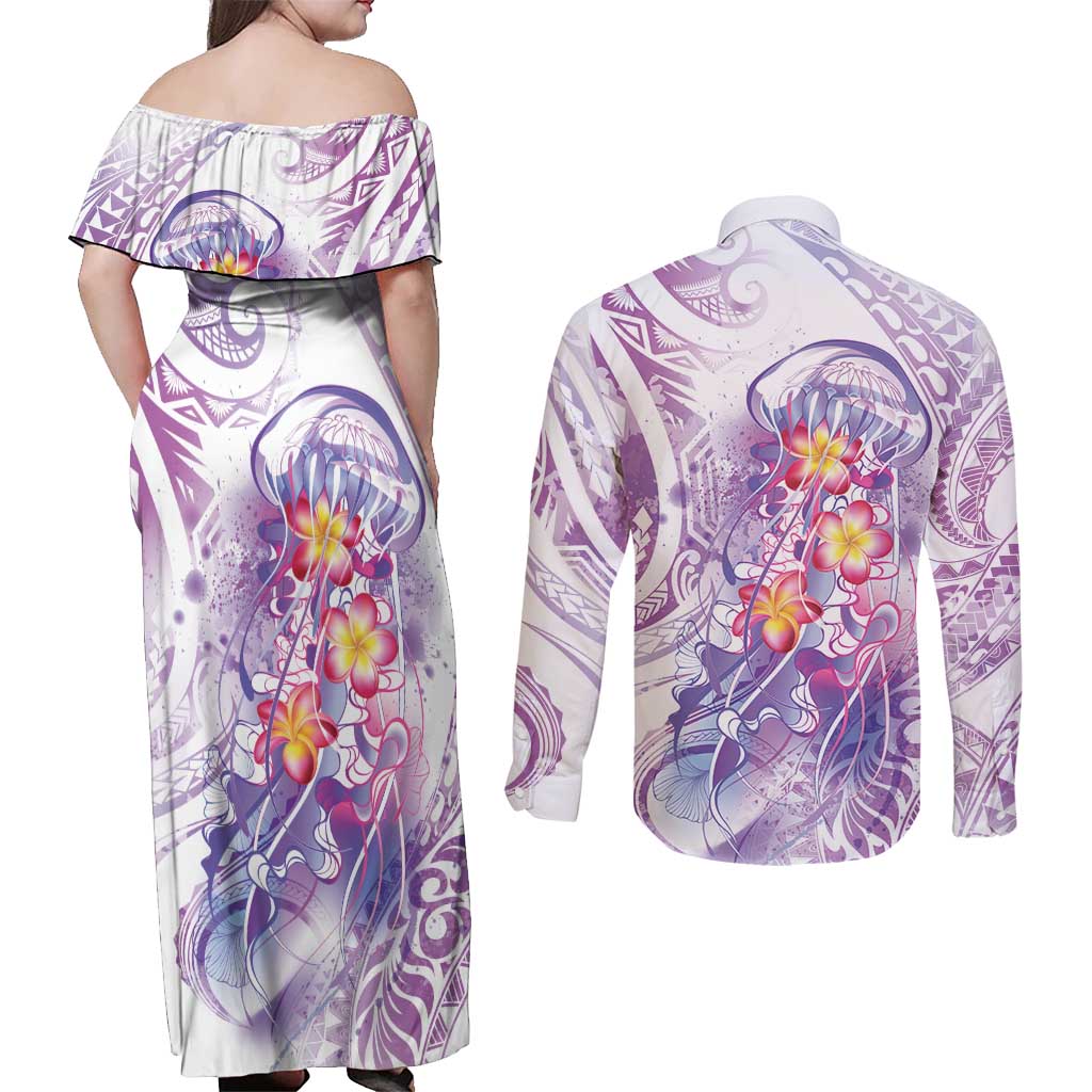 Lavender Polynesian Jellyfish Couples Matching Off Shoulder Maxi Dress and Long Sleeve Button Shirt Watercolor Glows - Polynesian Pride