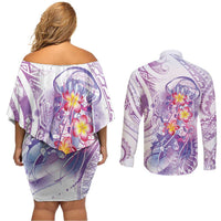Lavender Polynesian Jellyfish Couples Matching Off Shoulder Short Dress and Long Sleeve Button Shirt Watercolor Glows - Polynesian Pride