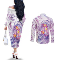 Lavender Polynesian Jellyfish Couples Matching Off The Shoulder Long Sleeve Dress and Long Sleeve Button Shirt Watercolor Glows - Polynesian Pride