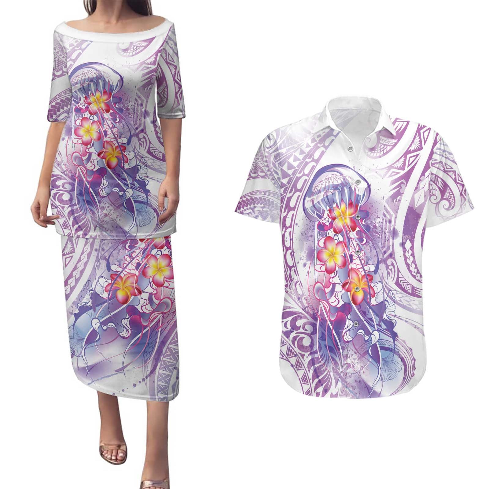 Lavender Polynesian Jellyfish Couples Matching Puletasi and Hawaiian Shirt Watercolor Glows - Polynesian Pride