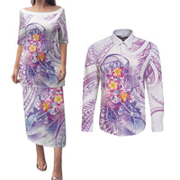 Lavender Polynesian Jellyfish Couples Matching Puletasi and Long Sleeve Button Shirt Watercolor Glows - Polynesian Pride