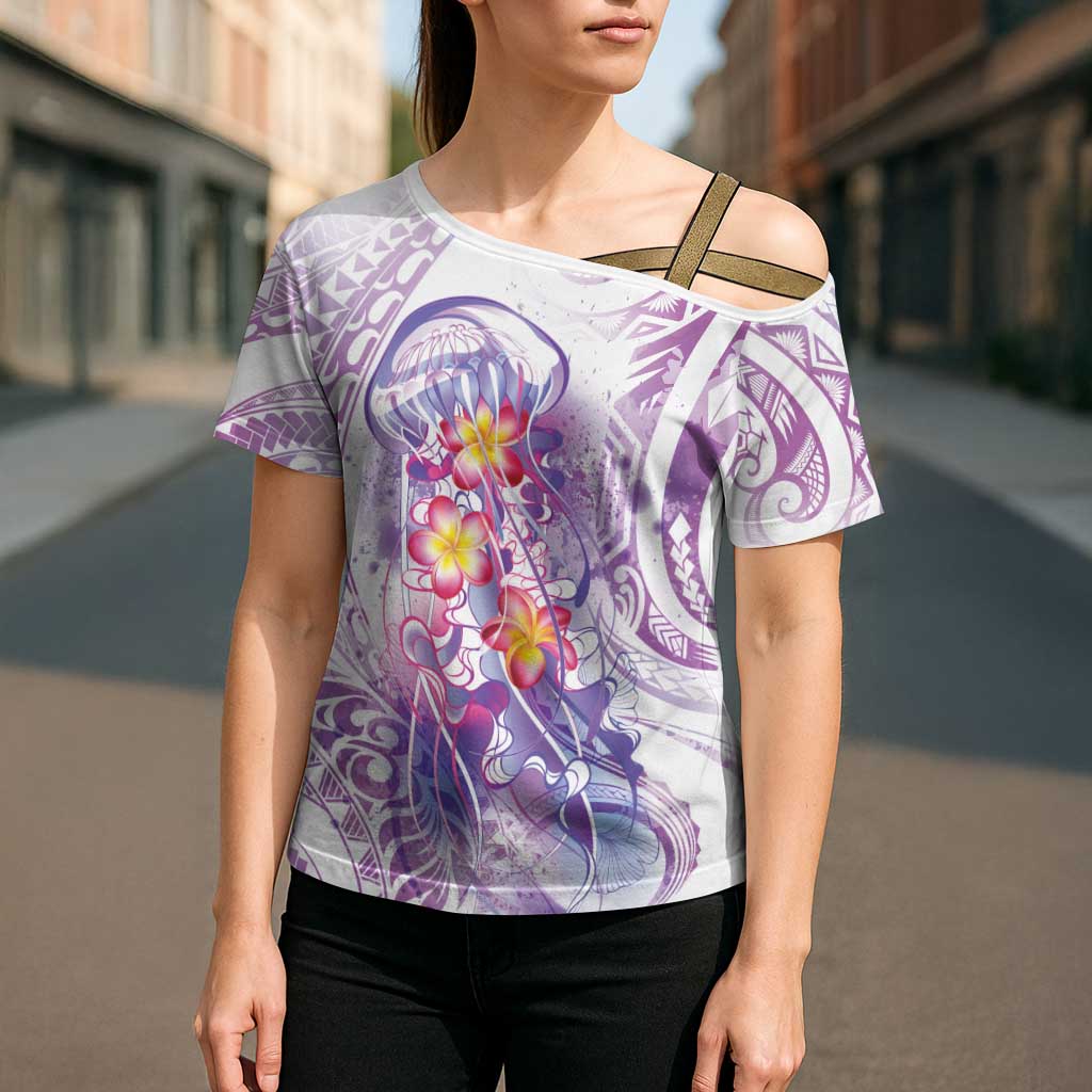 Lavender Polynesian Jellyfish Cross Shoulder Shirt Watercolor Glows - Polynesian Pride