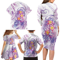 Lavender Polynesian Jellyfish Family Matching Long Sleeve Bodycon Dress and Hawaiian Shirt Watercolor Glows LT7 - Polynesian Pride