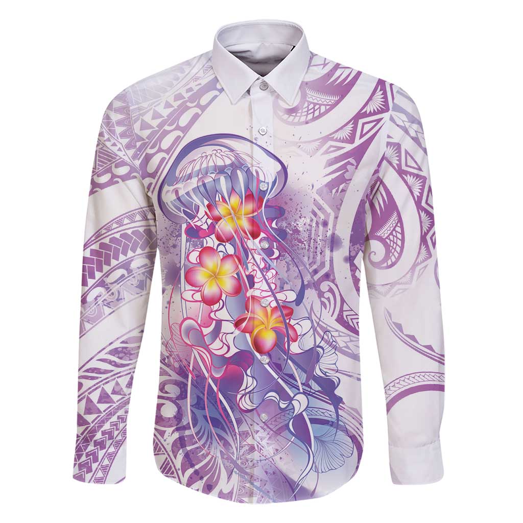 Lavender Polynesian Jellyfish Family Matching Mermaid Dress and Hawaiian Shirt Watercolor Glows LT7 Dad's Shirt - Long Sleeve Lavender - Polynesian Pride