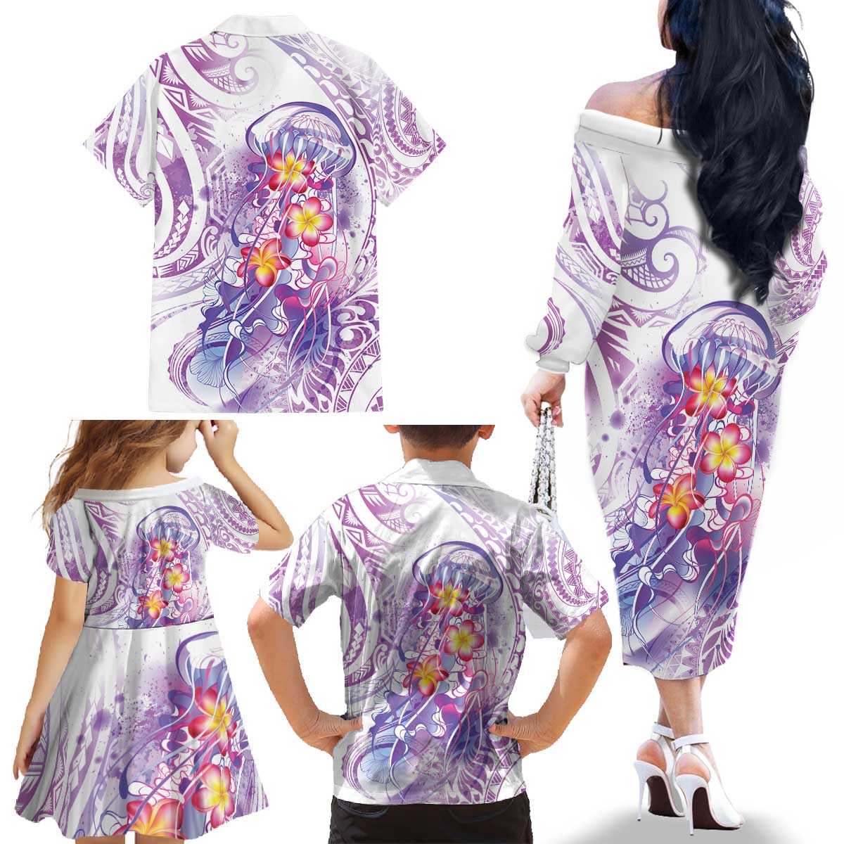 Lavender Polynesian Jellyfish Family Matching Off The Shoulder Long Sleeve Dress and Hawaiian Shirt Watercolor Glows - Polynesian Pride