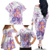 Lavender Polynesian Jellyfish Family Matching Off The Shoulder Long Sleeve Dress and Hawaiian Shirt Watercolor Glows - Polynesian Pride