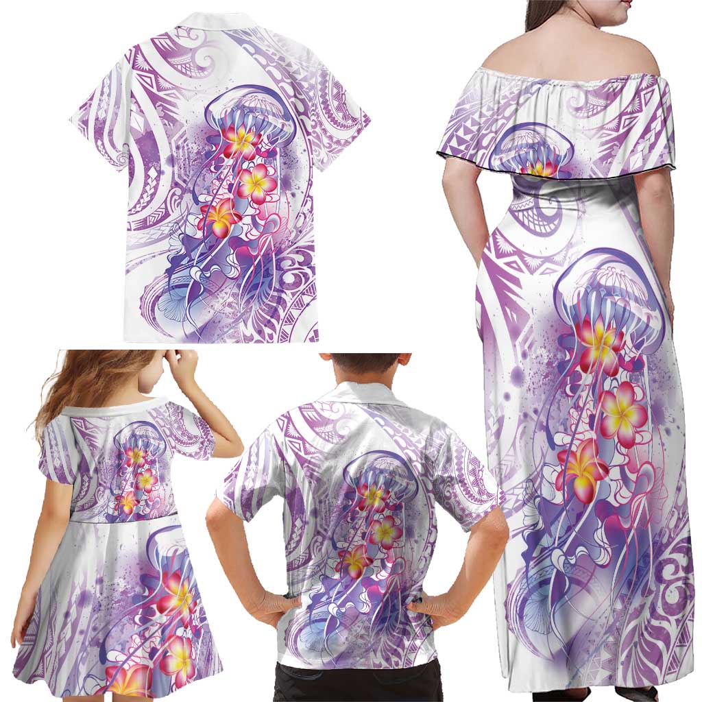 Lavender Polynesian Jellyfish Family Matching Off Shoulder Maxi Dress and Hawaiian Shirt Watercolor Glows - Polynesian Pride