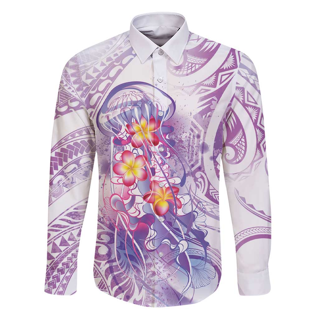 Lavender Polynesian Jellyfish Family Matching Short Sleeve Bodycon Dress and Hawaiian Shirt Watercolor Glows LT7 Dad's Shirt - Long Sleeve Lavender - Polynesian Pride