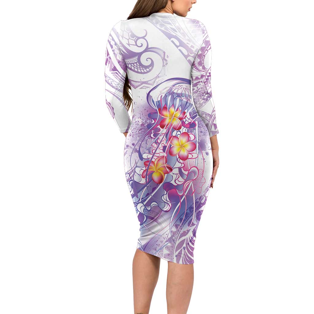 Lavender Polynesian Jellyfish Long Sleeve Bodycon Dress Watercolor Glows - Polynesian Pride