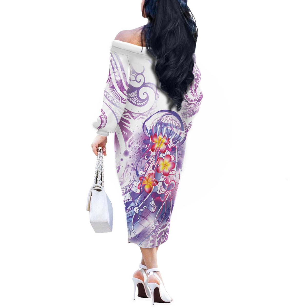 Lavender Polynesian Jellyfish Off The Shoulder Long Sleeve Dress Watercolor Glows - Polynesian Pride