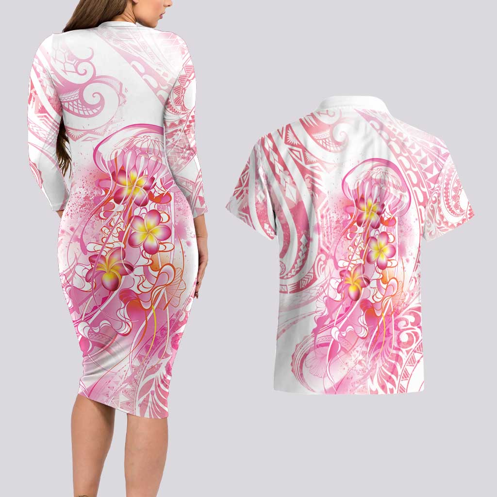 Rose Pink Polynesian Jellyfish Couples Matching Long Sleeve Bodycon Dress and Hawaiian Shirt Watercolor Glows - Polynesian Pride