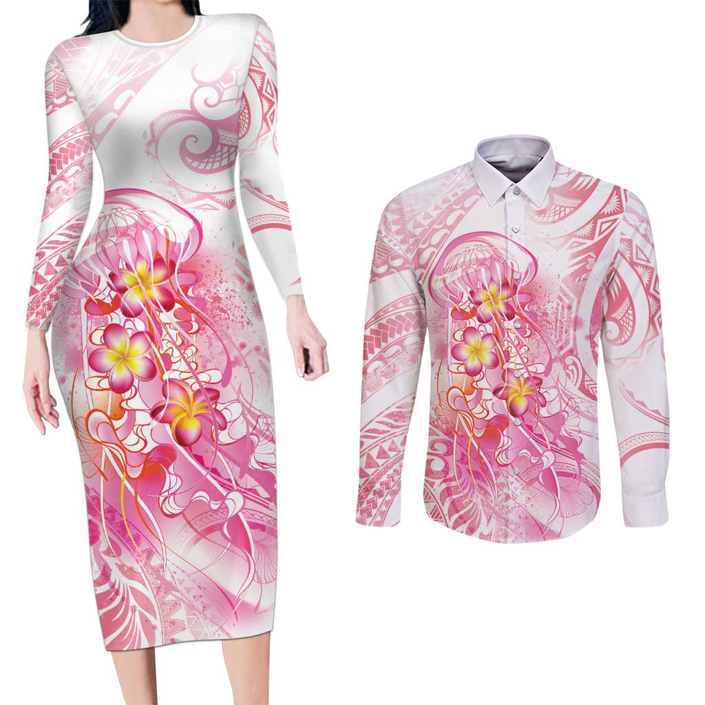 Rose Pink Polynesian Jellyfish Couples Matching Long Sleeve Bodycon Dress and Long Sleeve Button Shirt Watercolor Glows - Polynesian Pride