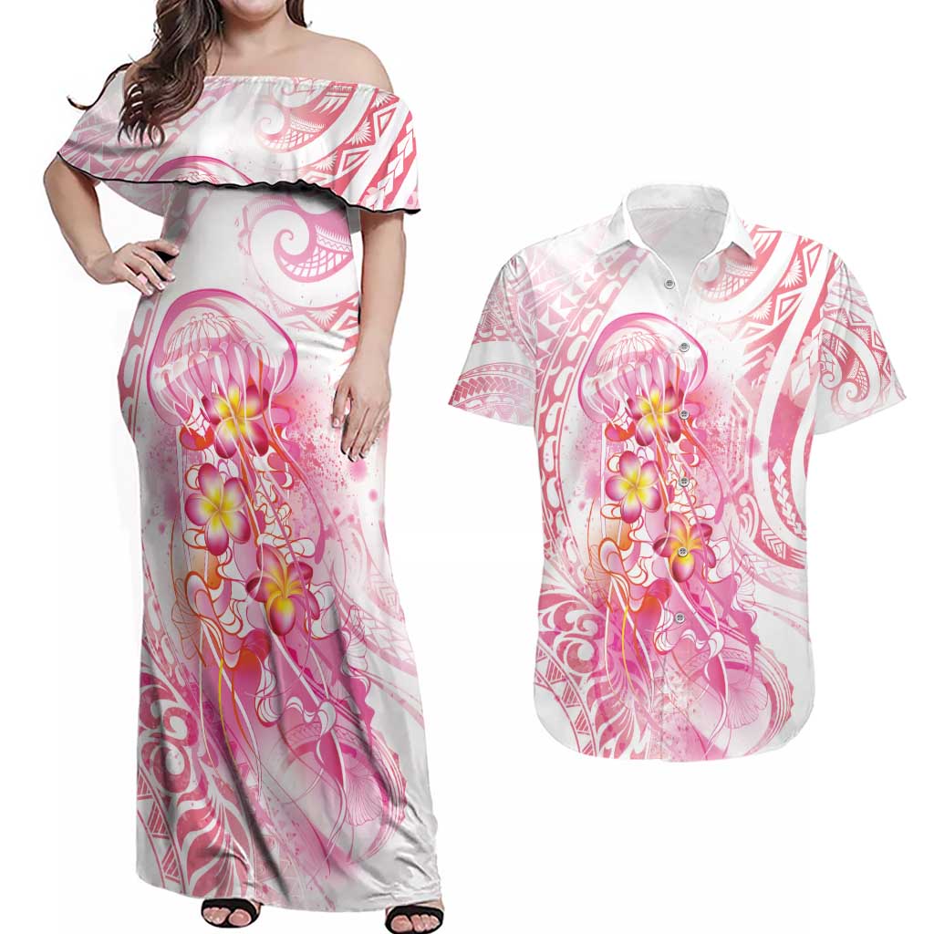 Rose Pink Polynesian Jellyfish Couples Matching Off Shoulder Maxi Dress and Hawaiian Shirt Watercolor Glows - Polynesian Pride