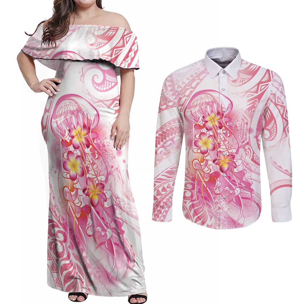 Rose Pink Polynesian Jellyfish Couples Matching Off Shoulder Maxi Dress and Long Sleeve Button Shirt Watercolor Glows - Polynesian Pride
