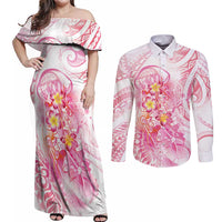 Rose Pink Polynesian Jellyfish Couples Matching Off Shoulder Maxi Dress and Long Sleeve Button Shirt Watercolor Glows - Polynesian Pride