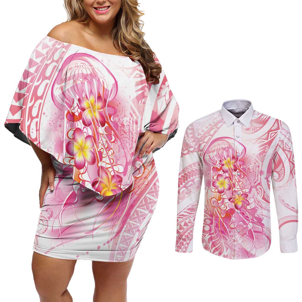 Rose Pink Polynesian Jellyfish Couples Matching Off Shoulder Short Dress and Long Sleeve Button Shirt Watercolor Glows - Polynesian Pride