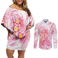 Rose Pink Polynesian Jellyfish Couples Matching Off Shoulder Short Dress and Long Sleeve Button Shirt Watercolor Glows - Polynesian Pride