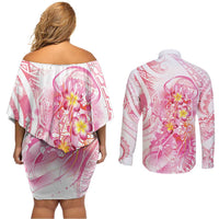 Rose Pink Polynesian Jellyfish Couples Matching Off Shoulder Short Dress and Long Sleeve Button Shirt Watercolor Glows - Polynesian Pride