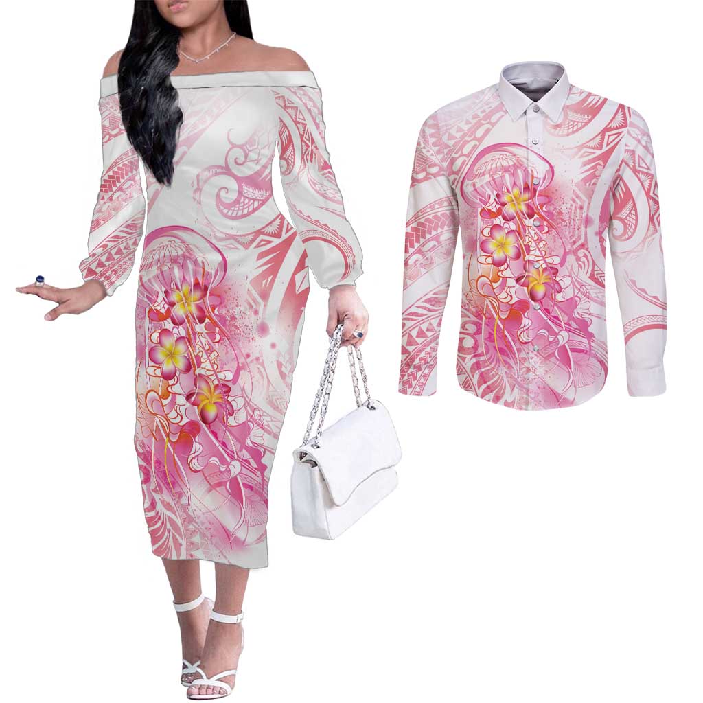 Rose Pink Polynesian Jellyfish Couples Matching Off The Shoulder Long Sleeve Dress and Long Sleeve Button Shirt Watercolor Glows - Polynesian Pride