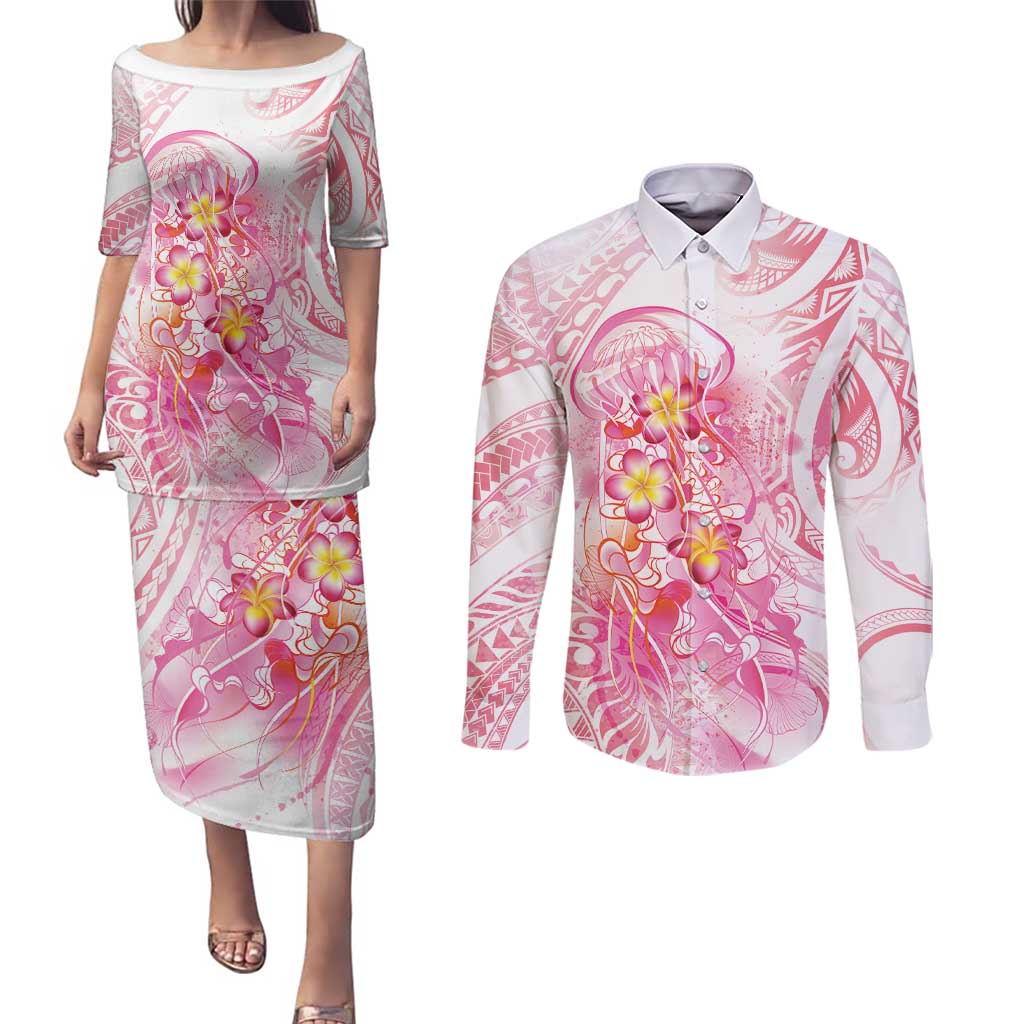 Rose Pink Polynesian Jellyfish Couples Matching Puletasi and Long Sleeve Button Shirt Watercolor Glows - Polynesian Pride