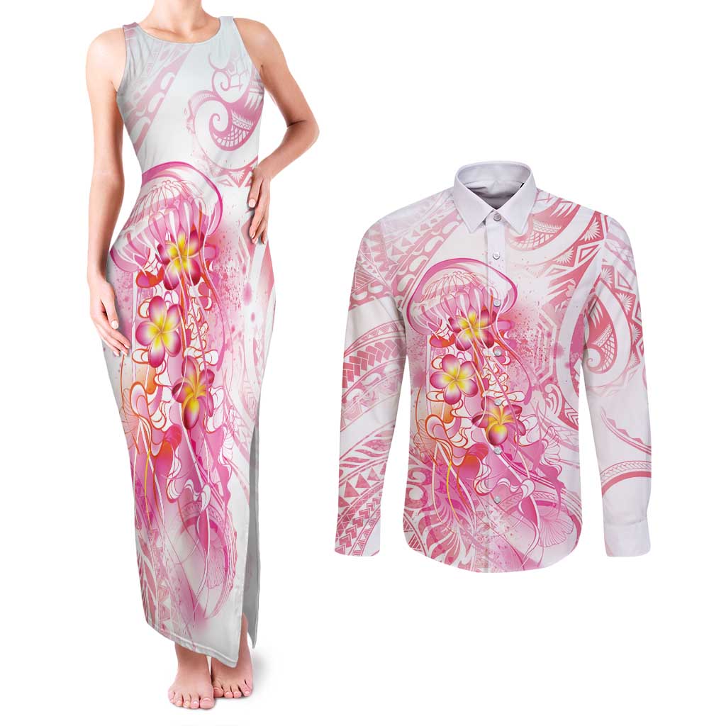 Rose Pink Polynesian Jellyfish Couples Matching Tank Maxi Dress and Long Sleeve Button Shirt Watercolor Glows - Polynesian Pride