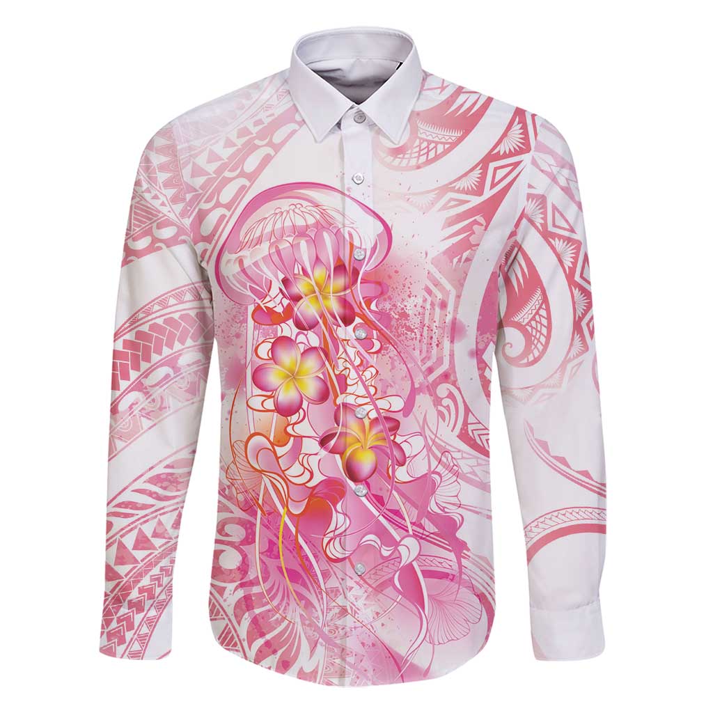 Rose Pink Polynesian Jellyfish Family Matching Long Sleeve Bodycon Dress and Hawaiian Shirt Watercolor Glows LT7 Dad's Shirt - Long Sleeve Rose Pink - Polynesian Pride