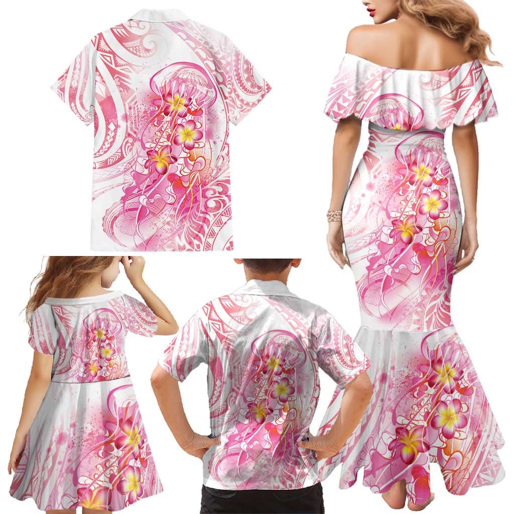 Rose Pink Polynesian Jellyfish Family Matching Mermaid Dress and Hawaiian Shirt Watercolor Glows LT7 - Polynesian Pride