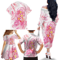 Rose Pink Polynesian Jellyfish Family Matching Off The Shoulder Long Sleeve Dress and Hawaiian Shirt Watercolor Glows - Polynesian Pride