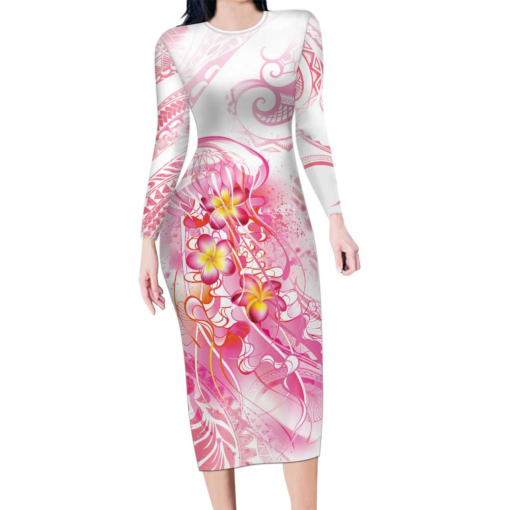 Rose Pink Polynesian Jellyfish Long Sleeve Bodycon Dress Watercolor Glows - Polynesian Pride