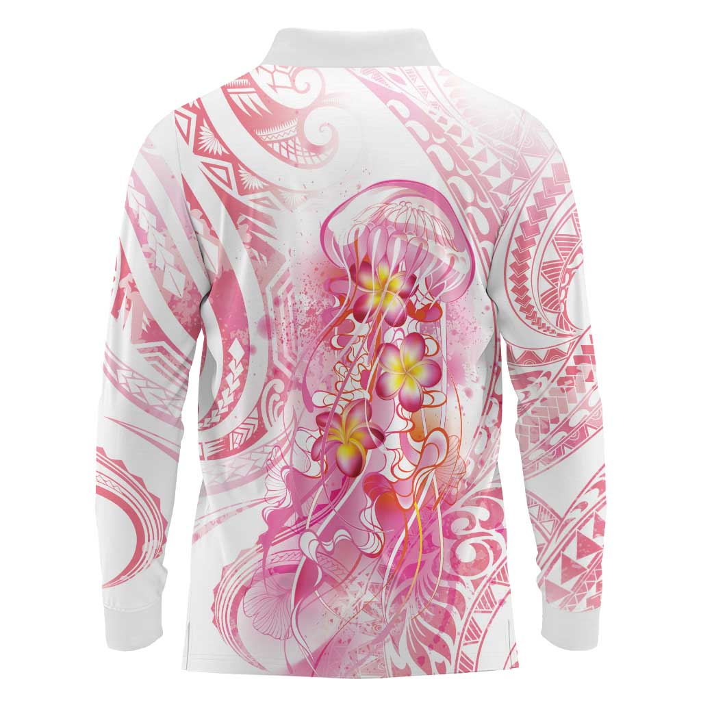 Rose Pink Polynesian Jellyfish Long Sleeve Polo Shirt Watercolor Glows - Polynesian Pride