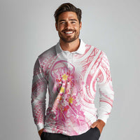 Rose Pink Polynesian Jellyfish Long Sleeve Polo Shirt Watercolor Glows - Polynesian Pride