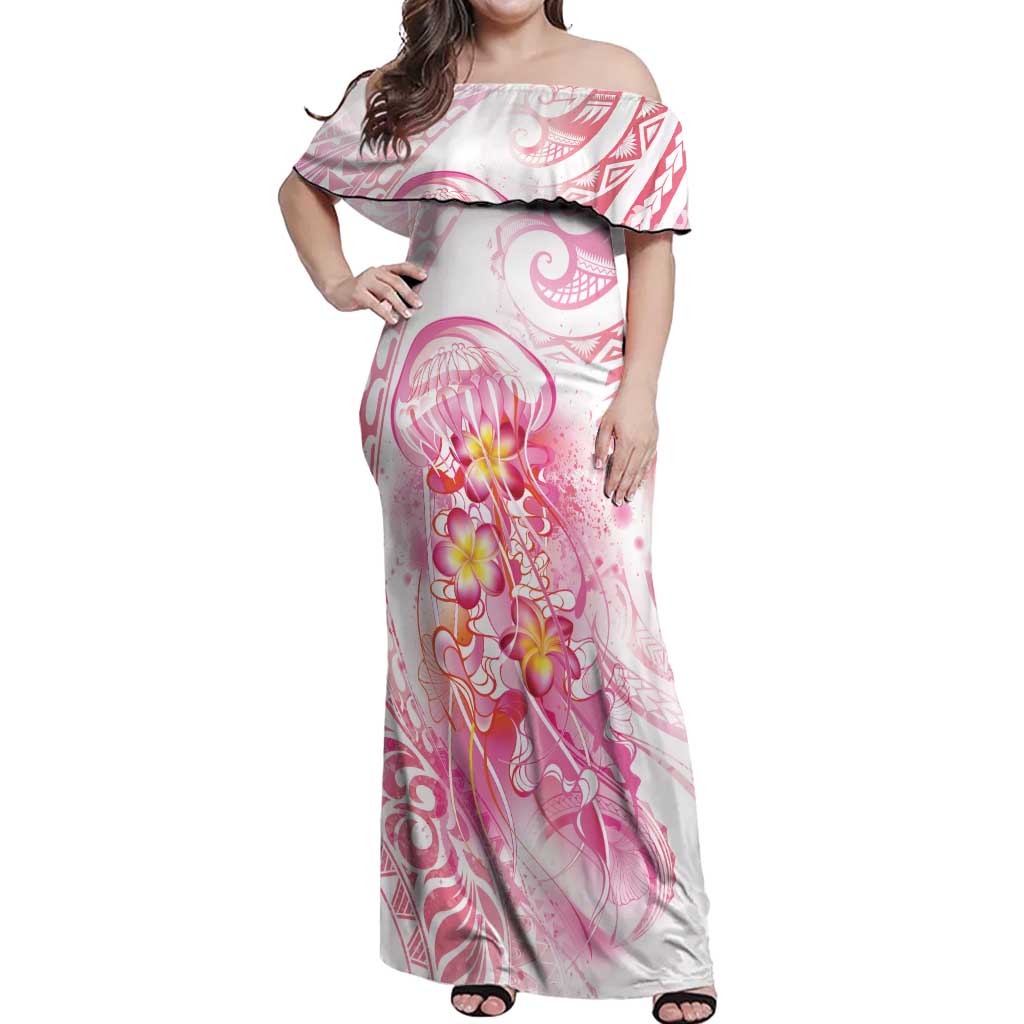 Rose Pink Polynesian Jellyfish Off Shoulder Maxi Dress Watercolor Glows - Polynesian Pride