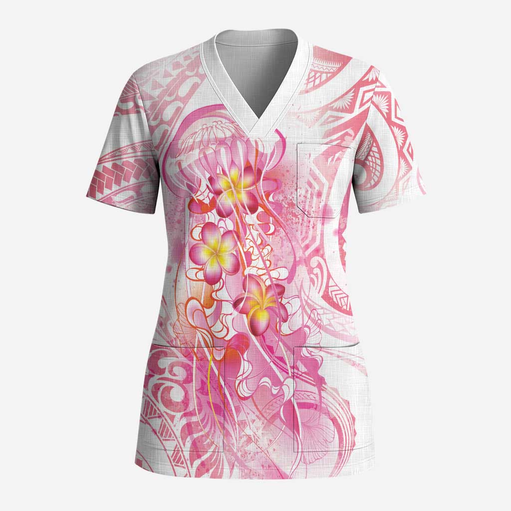 Rose Pink Polynesian Jellyfish Scrub Top Watercolor Glows - Polynesian Pride